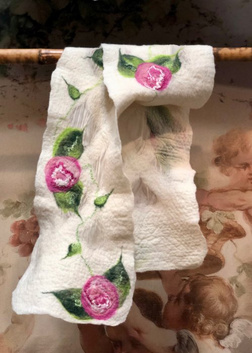 Agnes Foss - Felted Merino Scarf / Wrap - Pink Roses on White Background